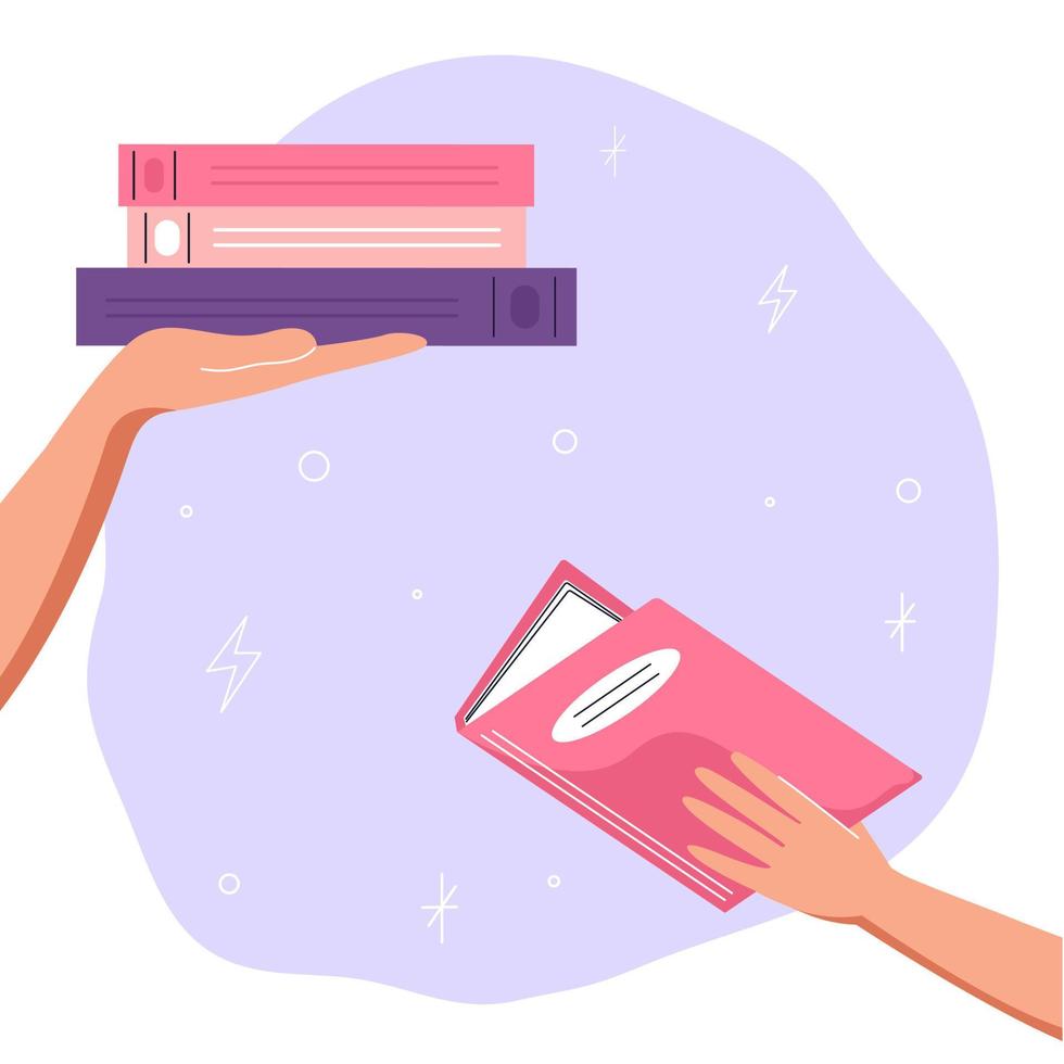 Reading books. Hands giving books. Concept of books lovers, education, reading, development, library. Vector flat illustration.