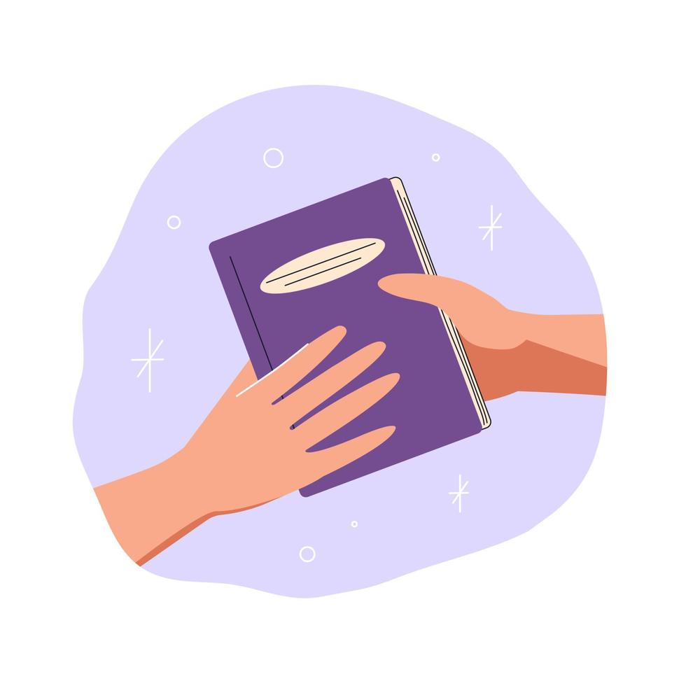 Exchange, buying or donation books. Hands giving books. Concept of books lovers, education, reading, development, library. Vector flat illustration.