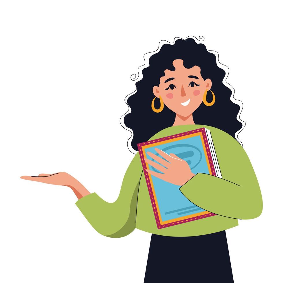 Happy smiling woman holding book pointing to something. Concept of books, education, reading, development. Isolated vector illustration.