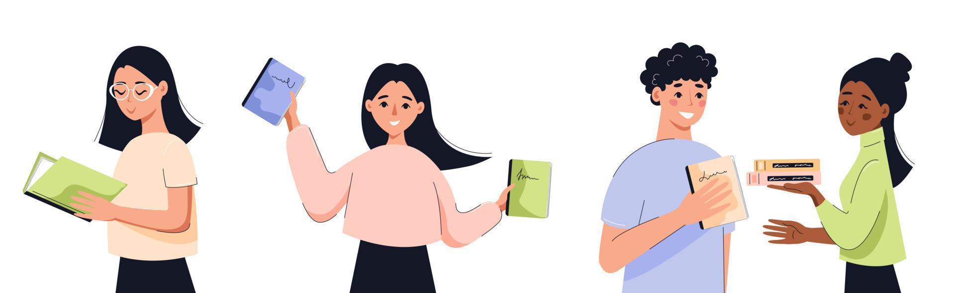 Happy smiling people holding books. Concept of books, education, reading, development. Isolated vector illustration.