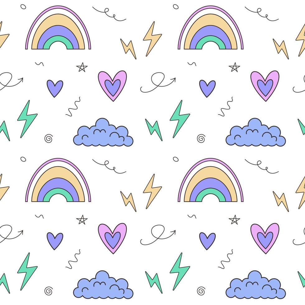 Seamless pattern of lightning, hearts, rainbow, cloud. Concept of 2000s, 1990s, 00s, Y2k aesthetic weird 2000 style. Groovy prints for tee, streetwear, print templates, textile. vector