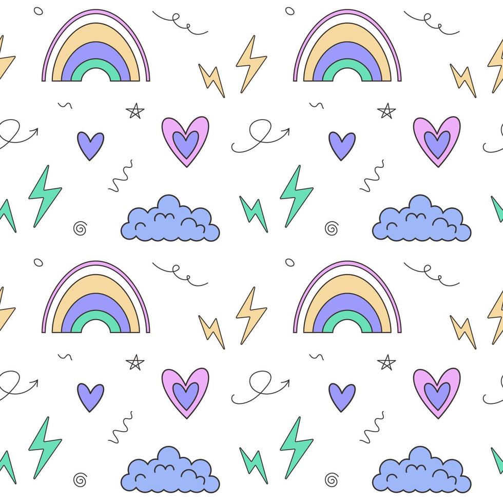 Seamless pattern of lightning, hearts, rainbow, cloud. Concept of 2000s, 1990s, 00s, Y2k aesthetic weird 2000 style. Groovy prints for tee, streetwear, print templates, textile. vector