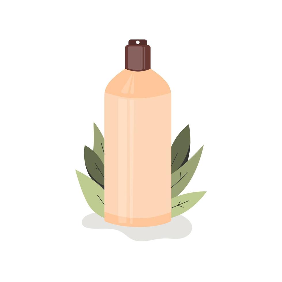 botella de cosméticos en el fondo de la planta. concepto de herramientas de belleza y cuidado de la piel, spray, eco, limpiador. ilustración plana vectorial. vector