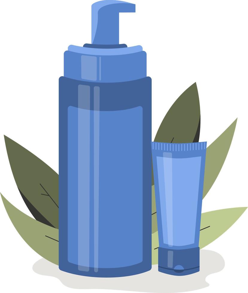 cosméticos de botella y tubo en el fondo de la planta. concepto de herramientas de belleza y cuidado de la piel, spray, eco, limpiador. ilustración plana vectorial. vector