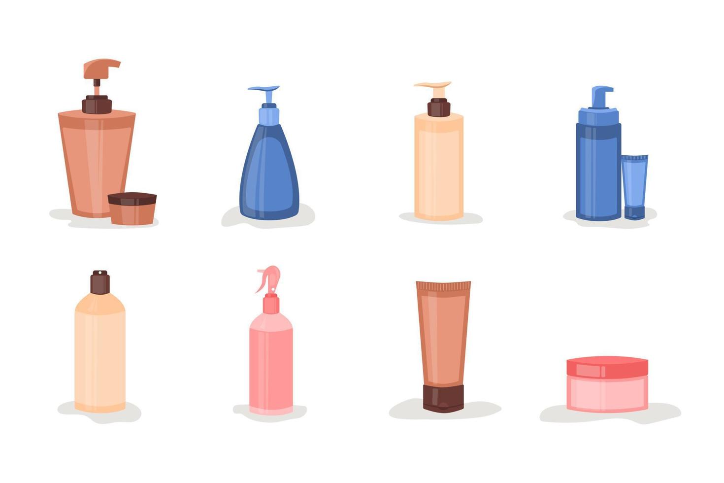 Set of care cosmetics. Bottles of mask, shampoo, balm, cream, foam. Concept of tools beauty and skin care, eco cosmetics, cleanser. Vector flat illustration