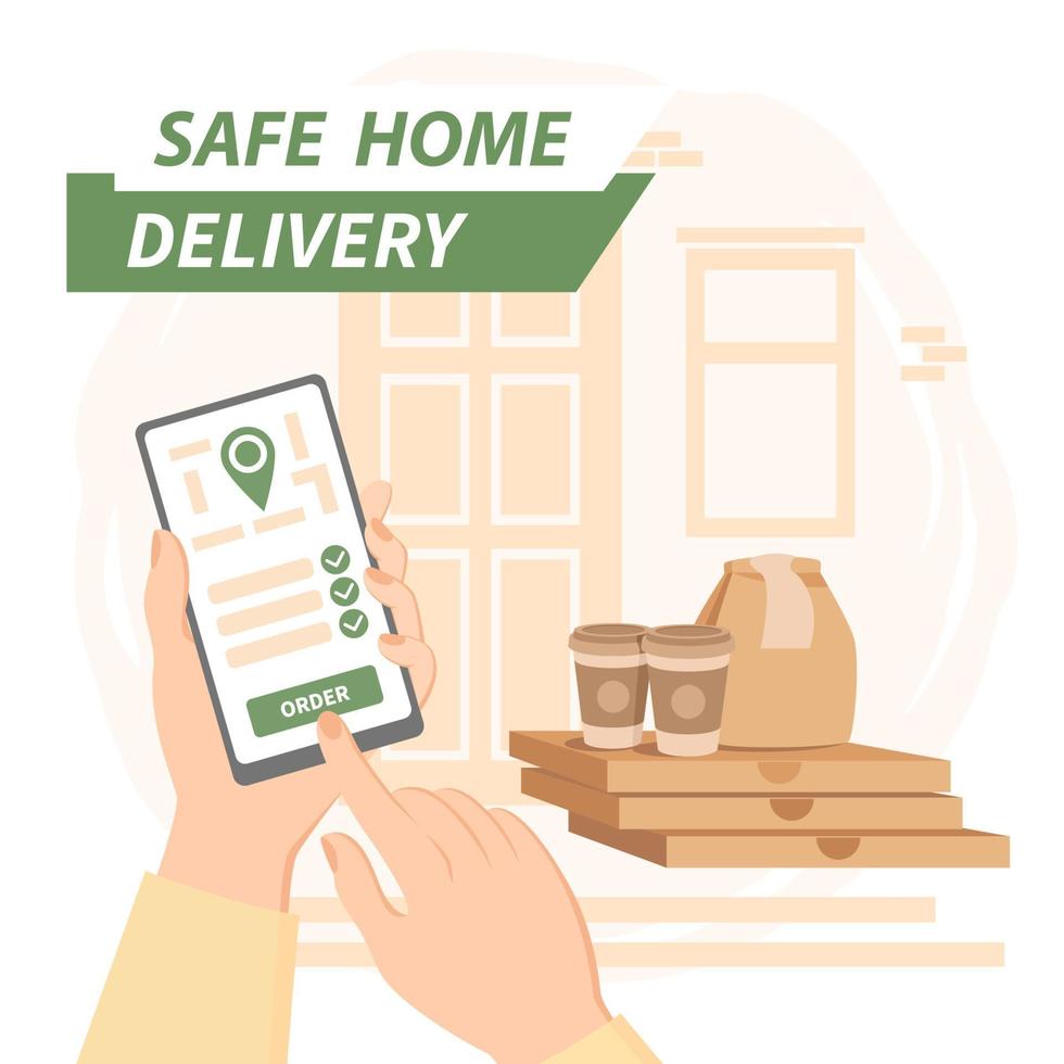 Contactless delivery service. Safe home delivery. Food are next to the door to the house. Flat vector illustration.