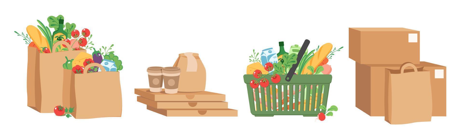 Grocery purchases set, paper  bags with products, food basket, fast food, carton boxes. Vector Illustration