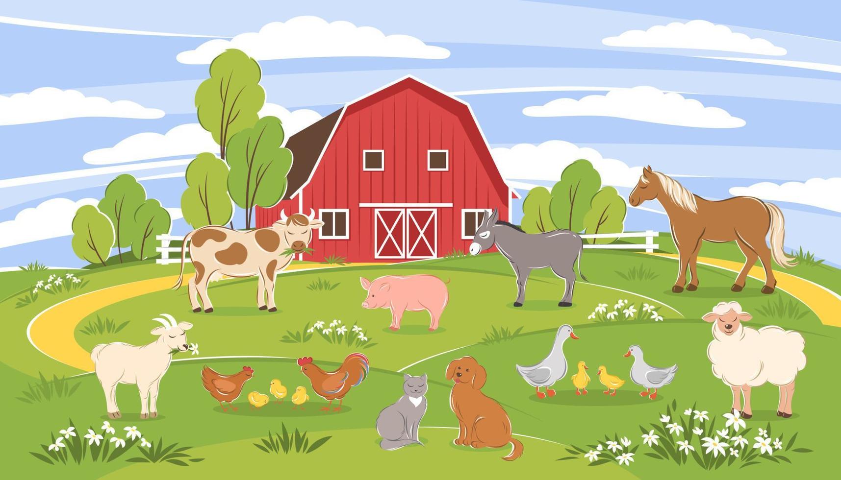 animales de granja con paisaje caballo, vaca, burro, cerdo, oveja, cabra, gallo, pollo, pato, perro, gato. ilustración vectorial diferentes animales de dibujos animados lindo vector