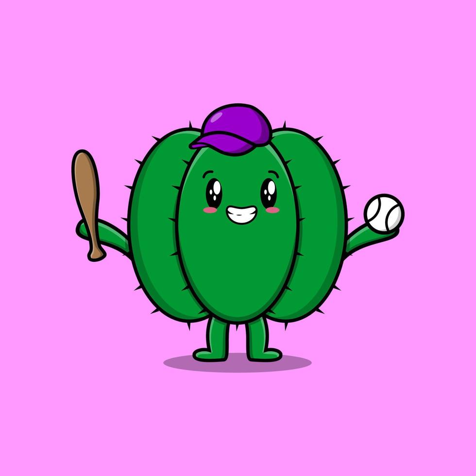 lindo personaje de cactus de dibujos animados jugando béisbol vector