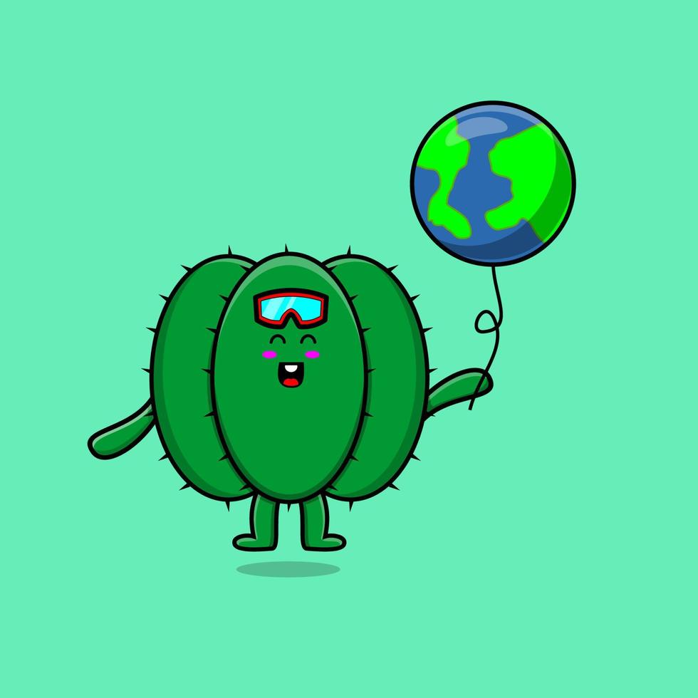 lindo cactus de dibujos animados flotando con globo del mundo vector