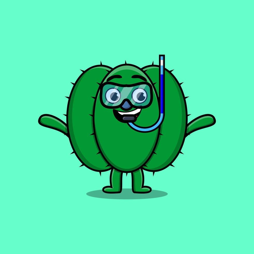 Cute cartoon Cactus diver with swimming glass vector
