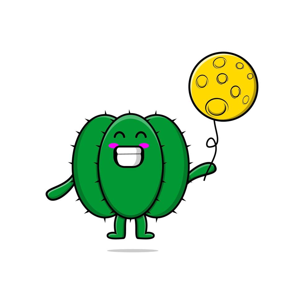 Cute cartoon cactus floating with moon balloon vector