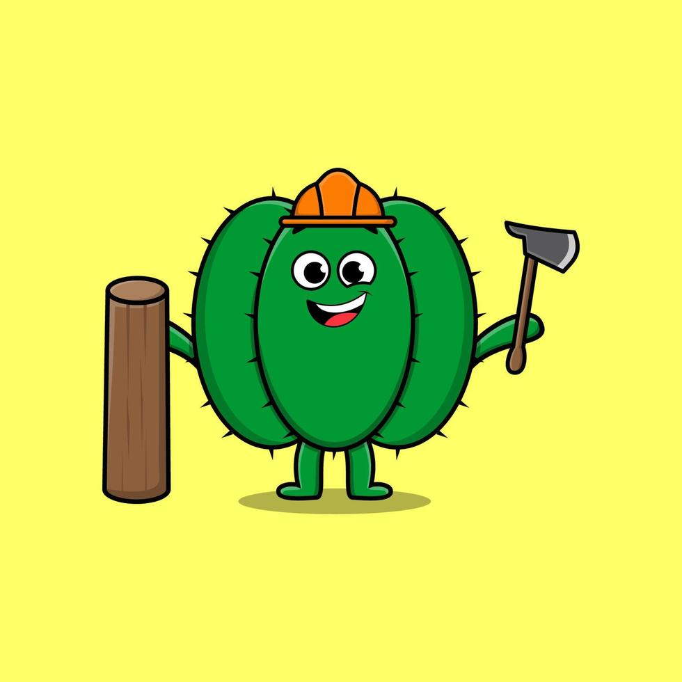 lindo cactus de dibujos animados como carpintero con hacha y madera vector