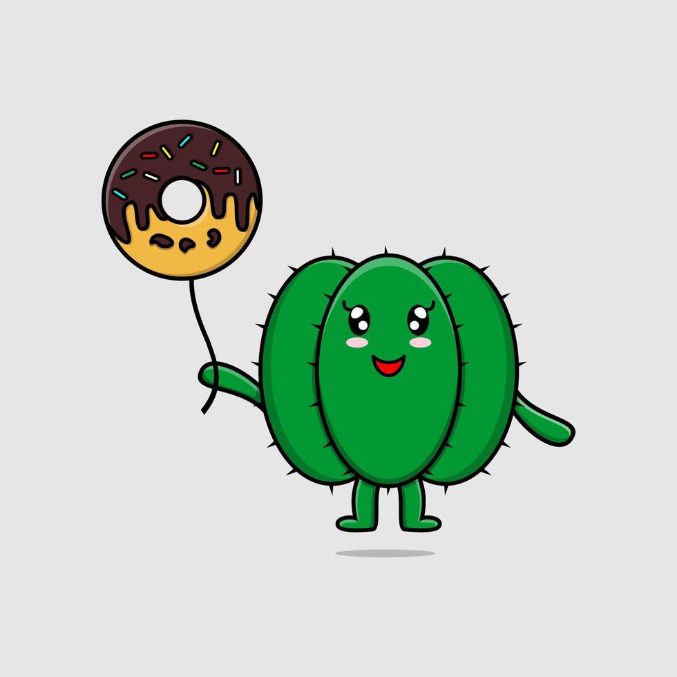 lindo cactus de dibujos animados flotando con globo de donas vector