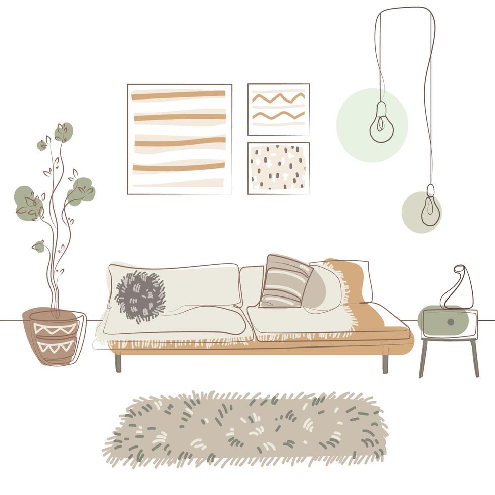 Ilustración de vector de estilo escandinavo boho de diseño de interiores de sala de estar elegante. interior japonés en colores naturales claros, muebles modernos, lámparas colgantes, dibujo lineal contemporáneo. diseño minimalista