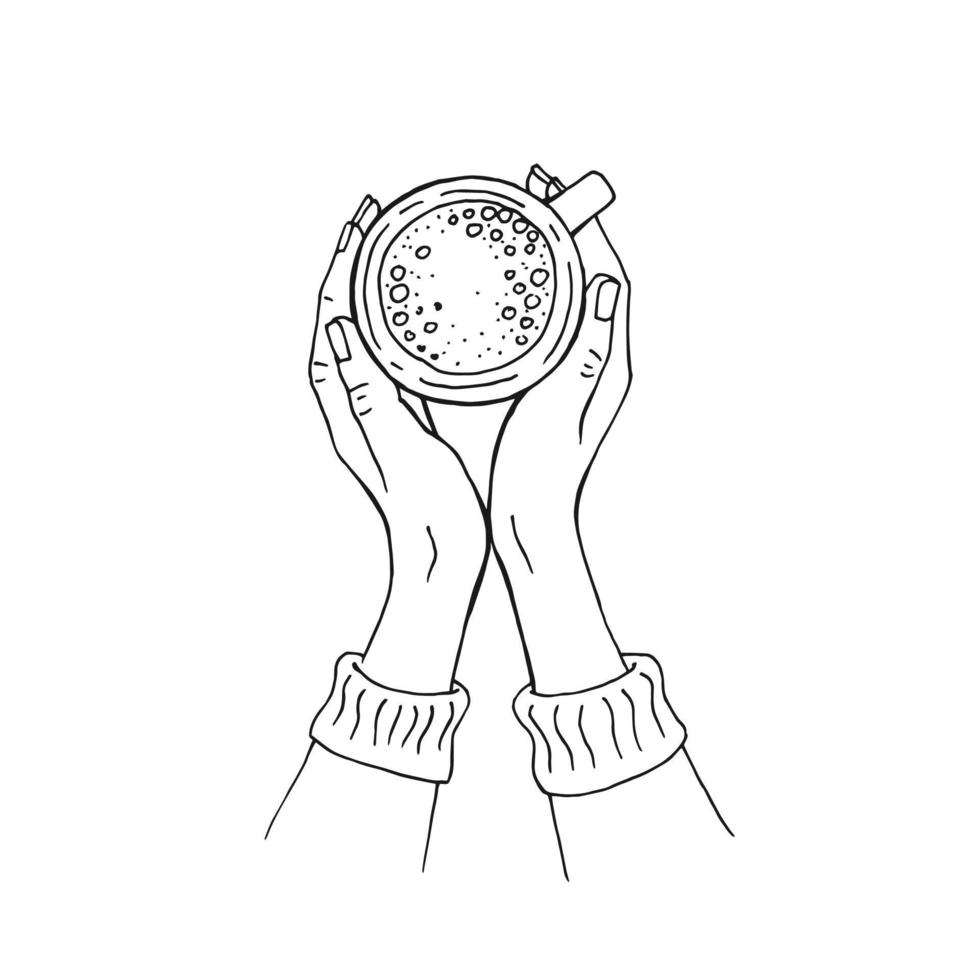 Hand drawn sketch of hands holding a cup of coffee, tea etc. Vector illustration isolated on white background.
