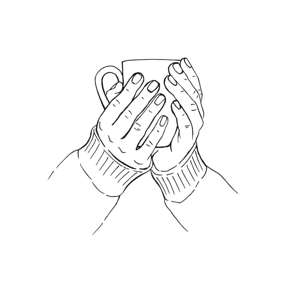 Hand drawn sketch of hands holding a cup of coffee, tea etc. Vector illustration isolated on white background.