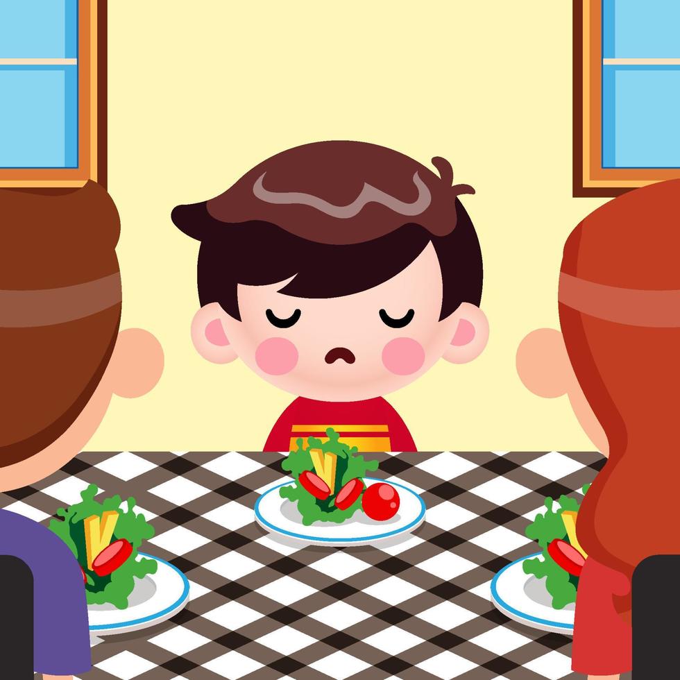 caricatura lindo niño pequeño no quiere comer verduras, y sus padres intentan persuadirlo vector