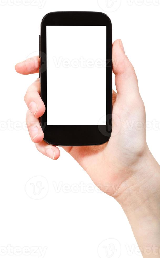 hand holding smart phone isolated photo