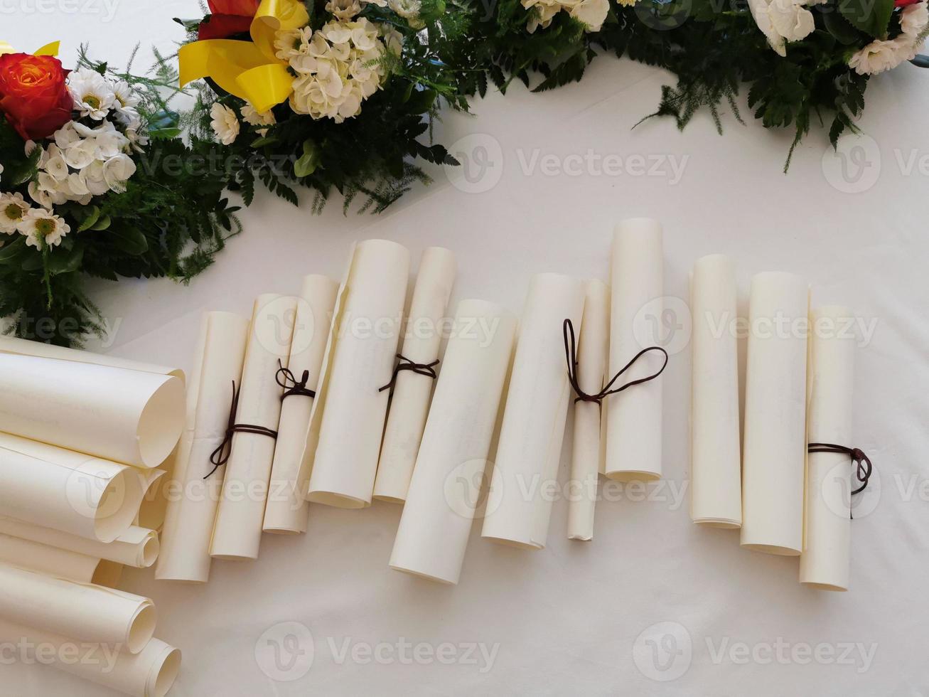 Parchment scroll vellum on a table photo