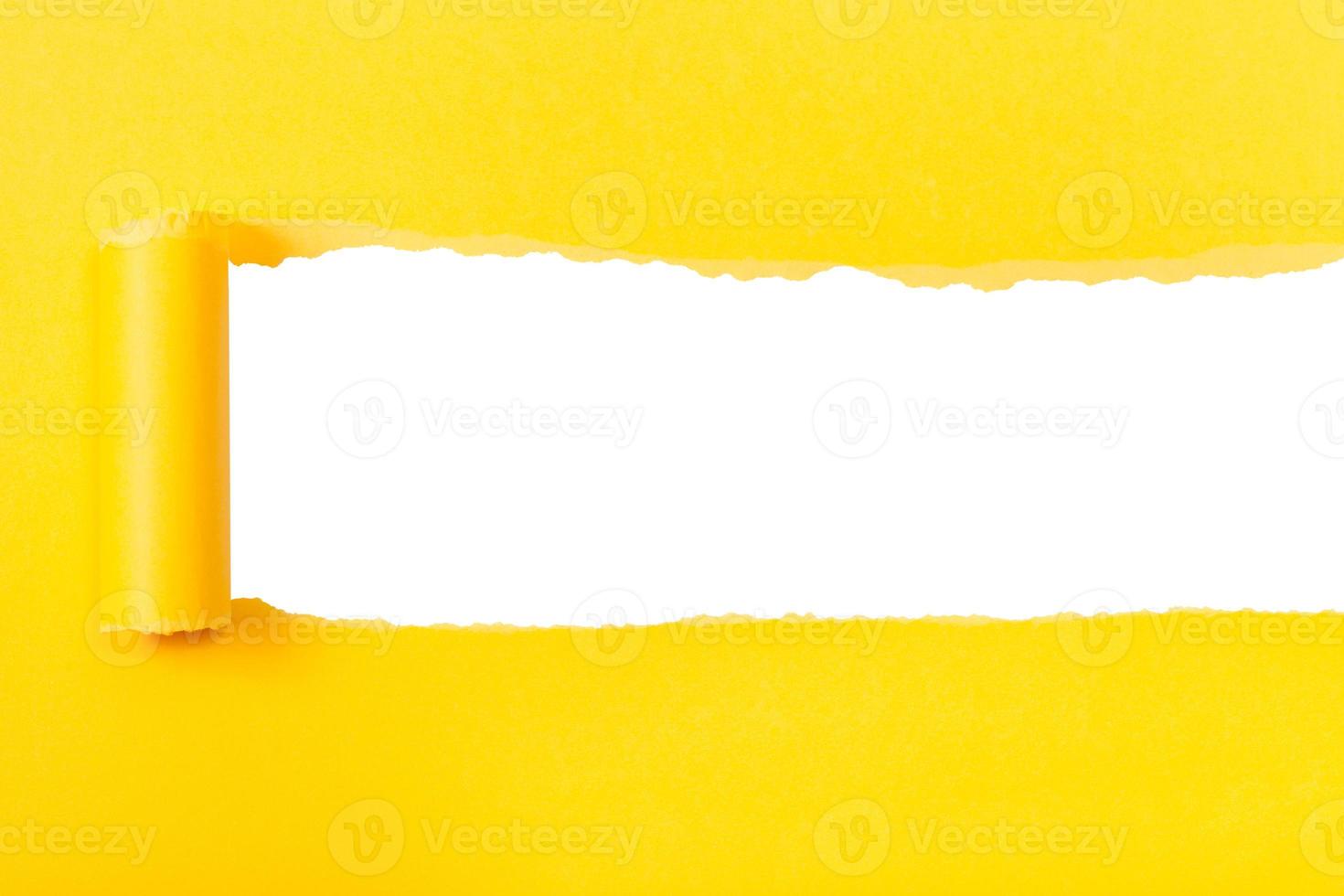 yellow rolled-up torn paper on white isolated photo