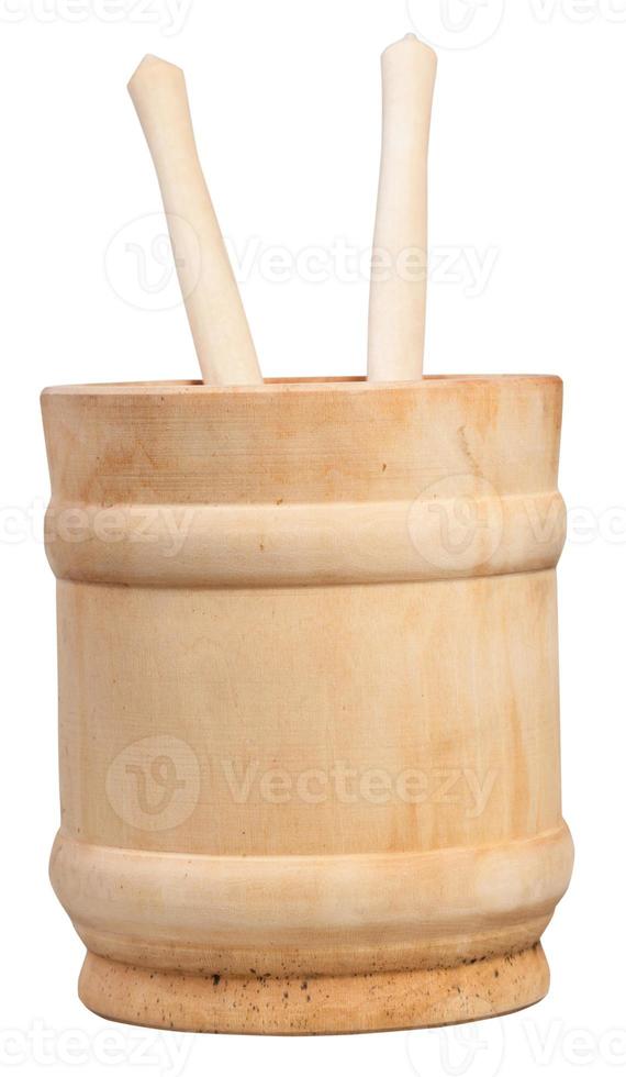 side view wooden cup with two spoons isolated photo