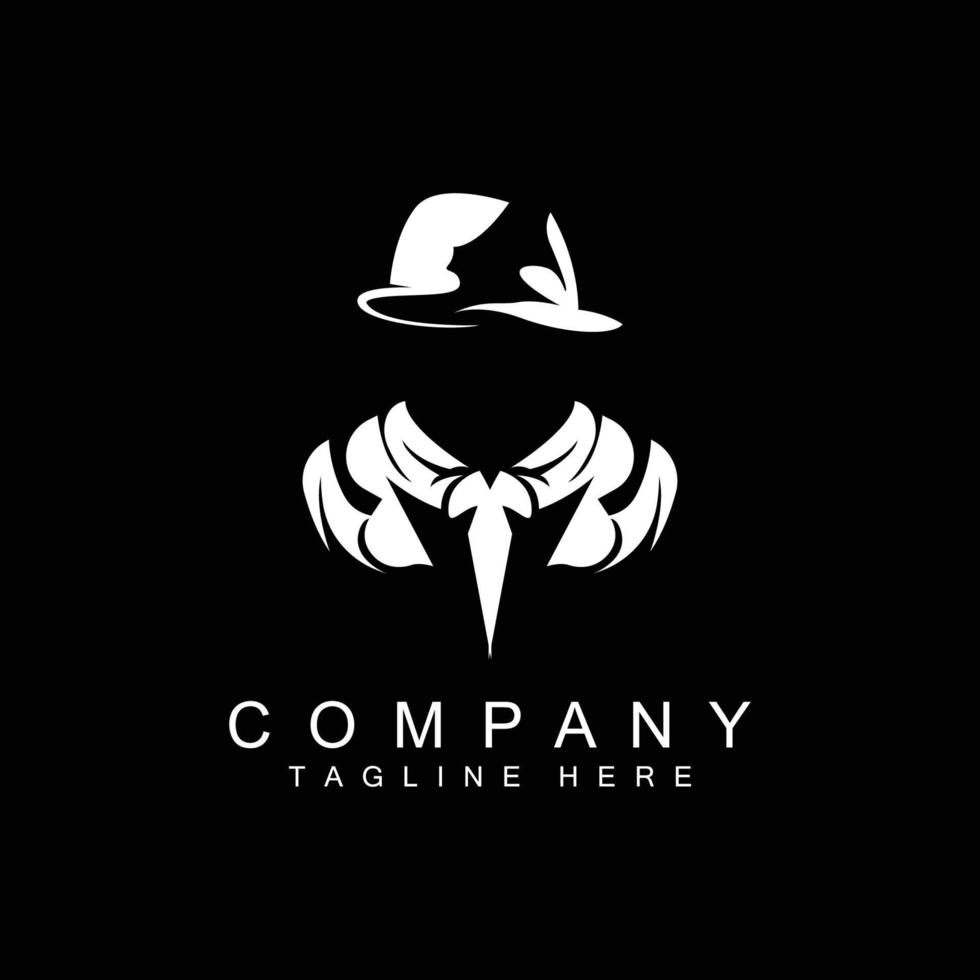 diseño de logotipo de hombre detective, esmoquin de moda de detective de la mafia y vector de ilustración de sombrero, icono de hombre de negocios negro