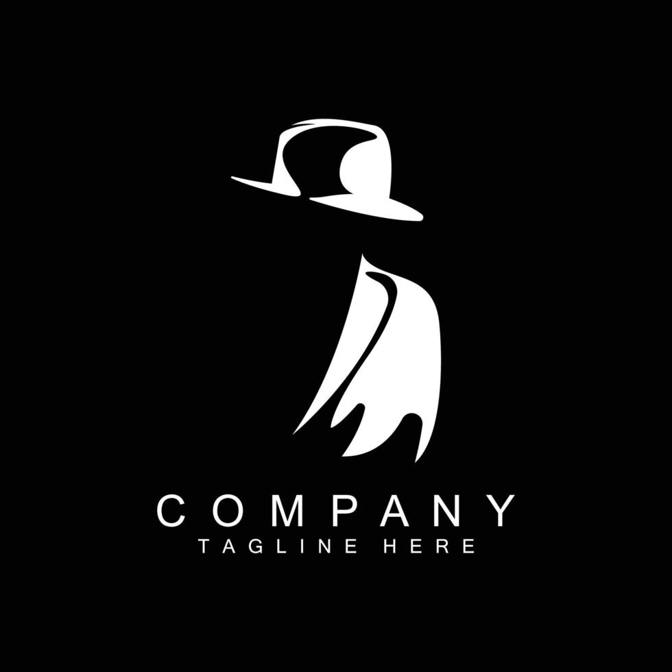 diseño de logotipo de hombre detective, esmoquin de moda de detective de la mafia y vector de ilustración de sombrero, icono de hombre de negocios negro