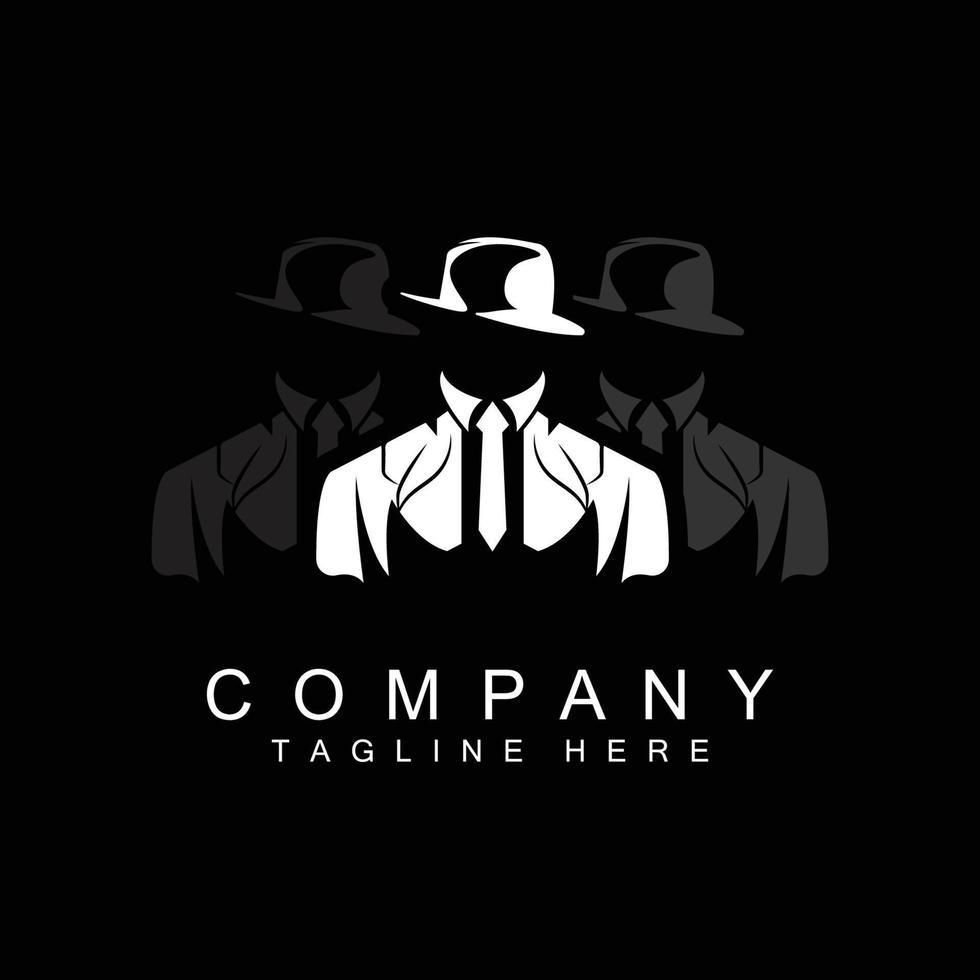 diseño de logotipo de hombre detective, esmoquin de moda de detective de la mafia y vector de ilustración de sombrero, icono de hombre de negocios negro