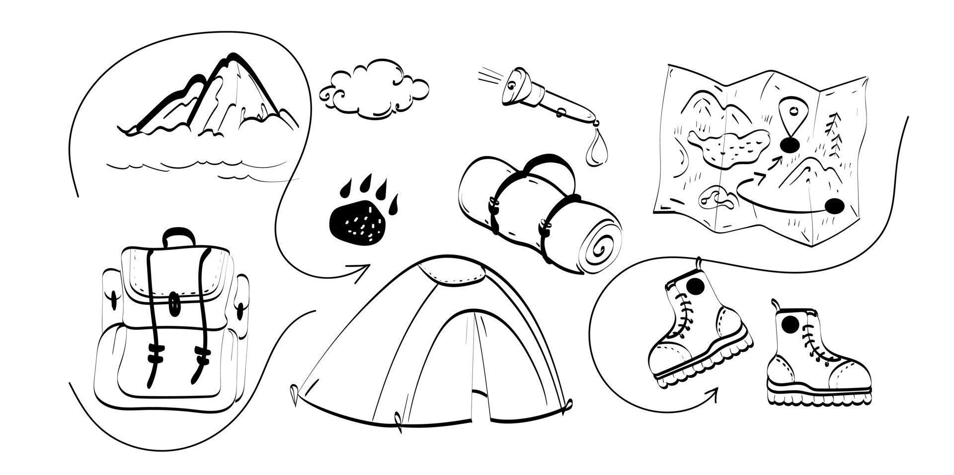 Hiking and backpacking equipment collection. Trekking hand drawn icons.  Outdoor activity doodles. Vector illustration. Stock Vector