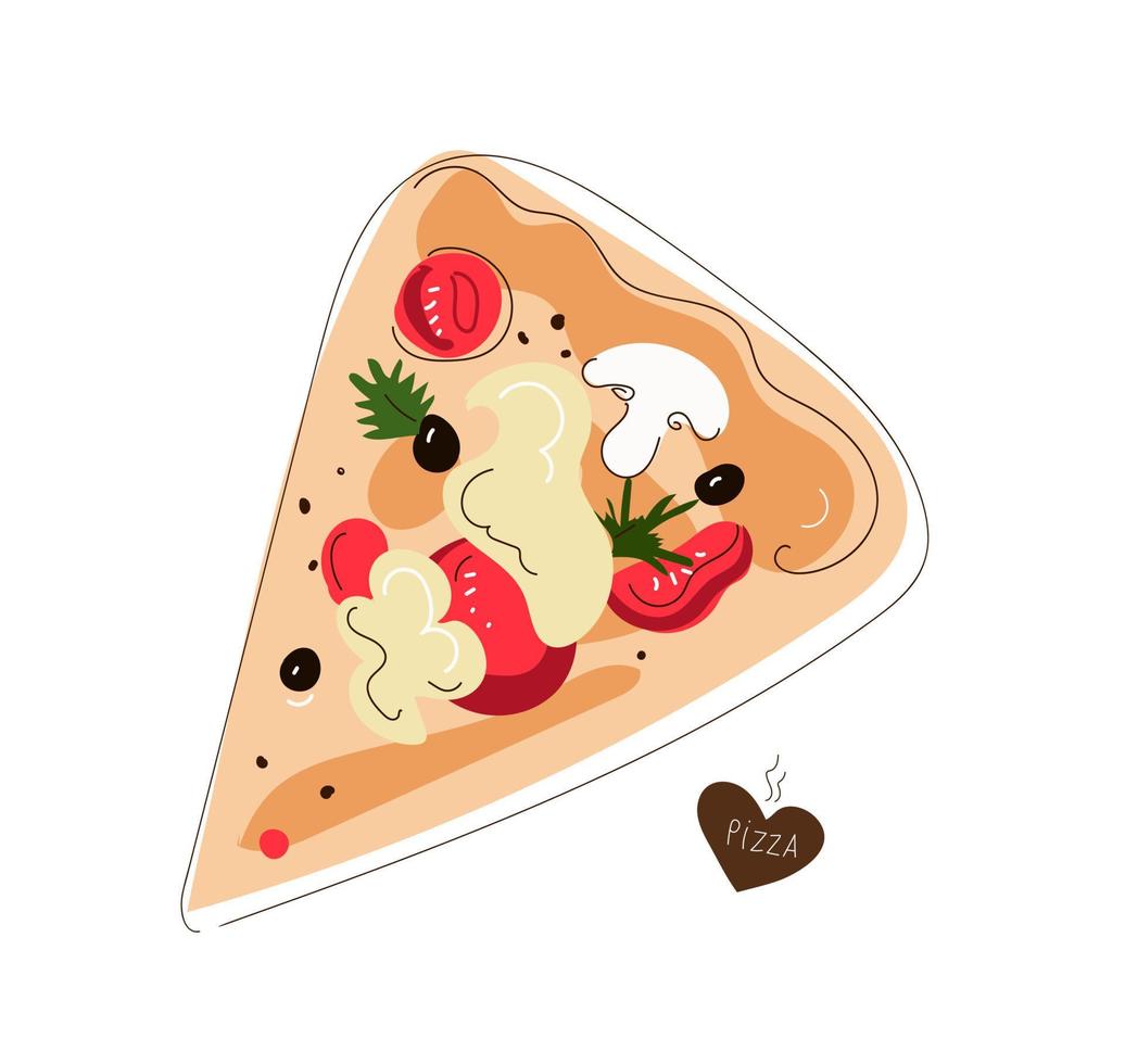 piece of hot pizza with mozzarella cheese, Indian food, vector doodle illustration