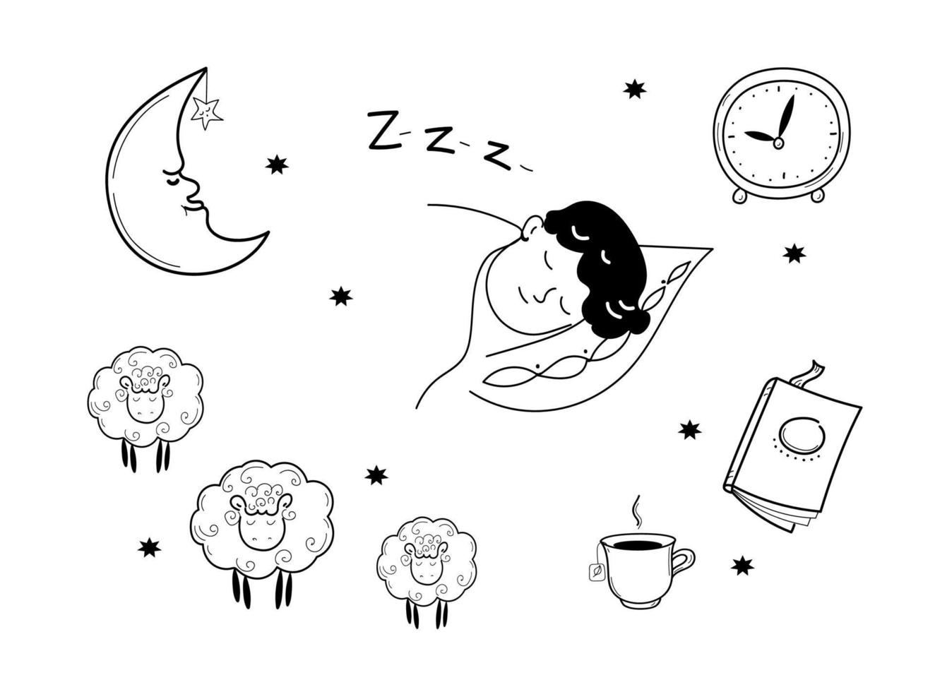 Sleep hygiene set, vector doodle hand drawn sketch illustration