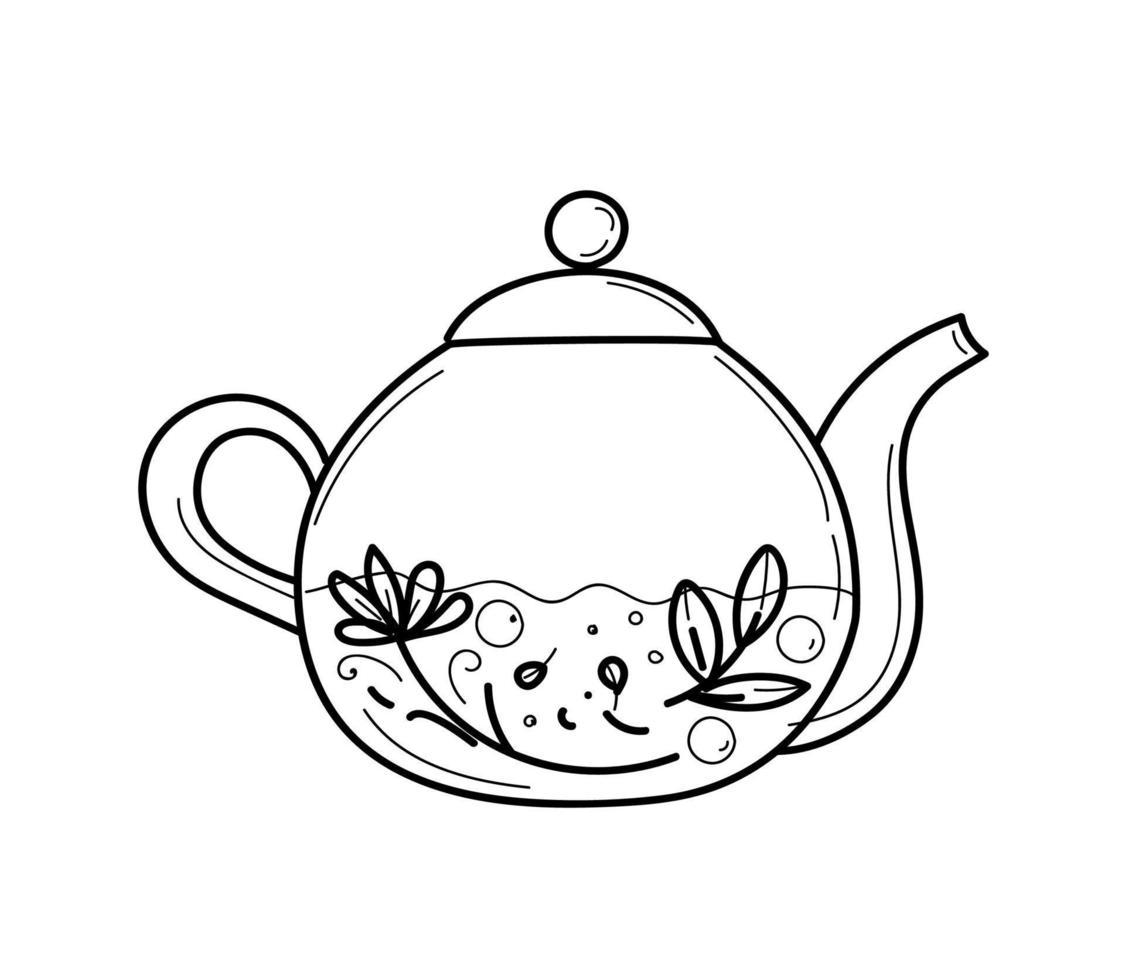 té con hierbas y bayas para la salud y el buen sueño en una tetera de vidrio transparente, ilustración de boceto dibujada a mano con fideos vectoriales vector