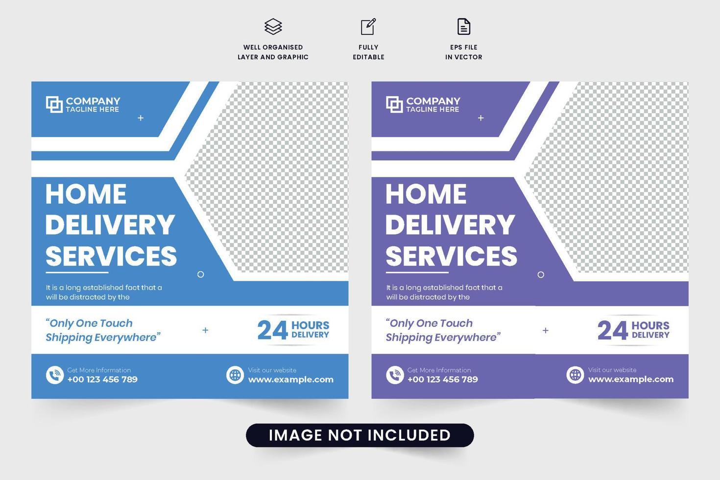 Modern home delivery service business promotion template vector. Groceries and food delivery service social media post design with purple and blue colors. 24 hours home delivery business template. vector