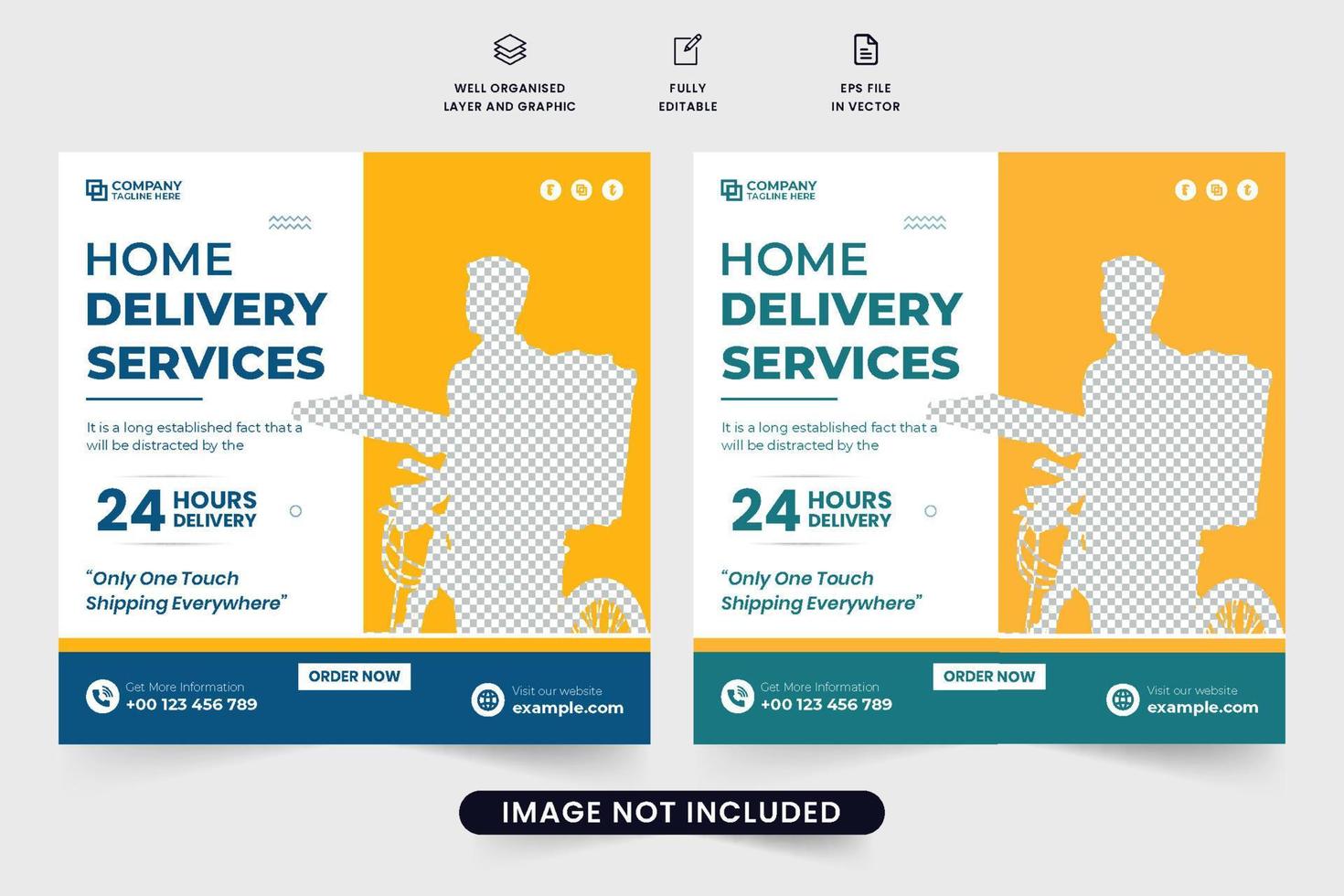 Online food delivery service template with blue and yellow colors. 24-hour home delivery business social media post vector. Express delivery service web banner design for a supermarket promotion. vector