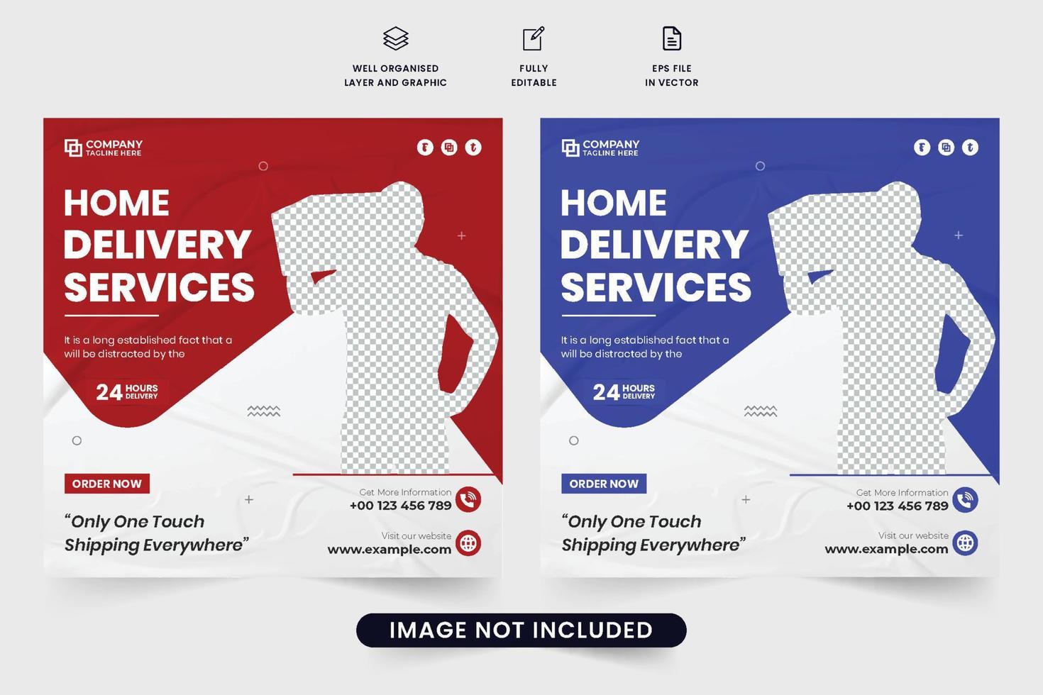 Supermarket home delivery service poster template for business promotion. Express delivery service social media post vector with creative shapes. Home delivery business advertising web banner design.