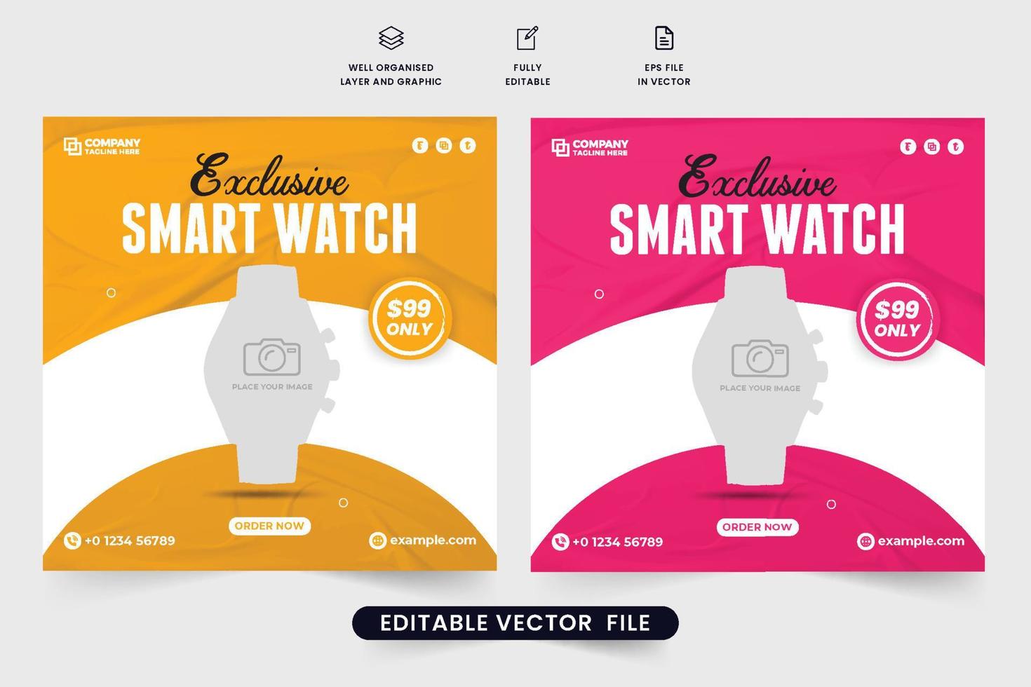 Wrist Watch sale discount template. Smartwatch product sale social media post vector. Gadget product advertising template design with yellow and pink colors. Clock business promotional template. vector