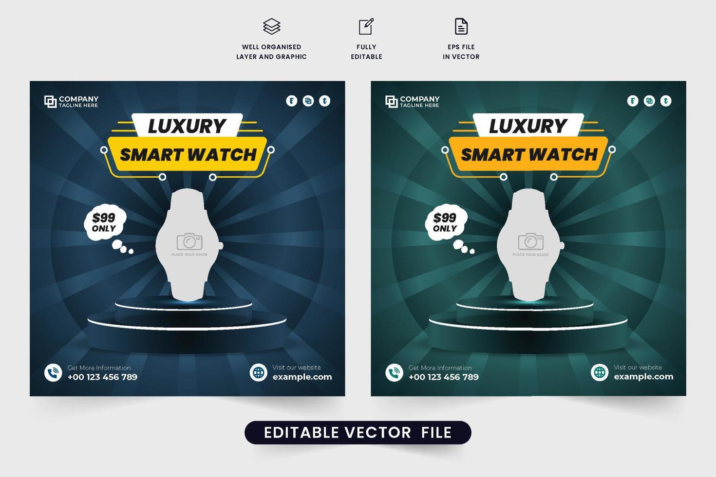 Classic watch sale template vector for online marketing. Clock store promotional web banner design with dark green and blue colors. Smartwatch social media post vector with creative shapes.