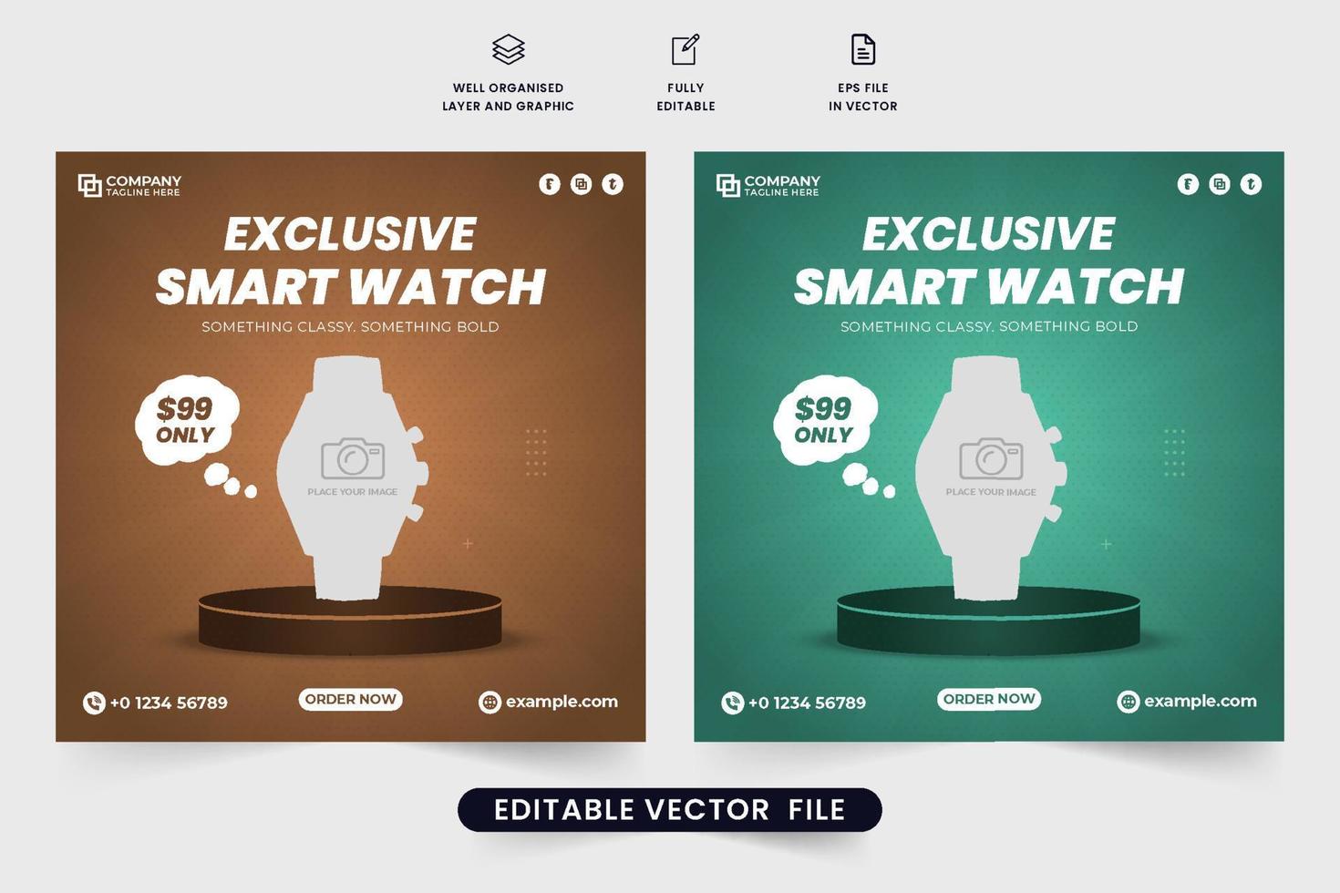 plantilla creativa de venta de relojes inteligentes para publicaciones en redes sociales. vector de plantilla de anuncio de tienda de relojes clásico. plantilla de venta de gadgets modernos con colores café y agua. publicación en redes sociales de smartwatch.