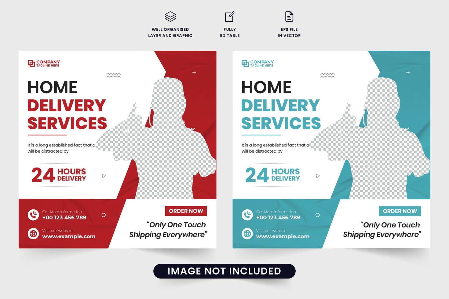 Home delivery service advertising web banner template with red and aqua colors. Modern home delivery service social media post vector. Express delivery service square template design. vector
