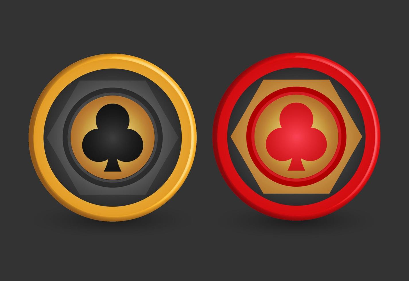 fichas de póquer doradas y rojas, con símbolos de club, elementos de diseño de juegos, ilustración vectorial 3d, vector