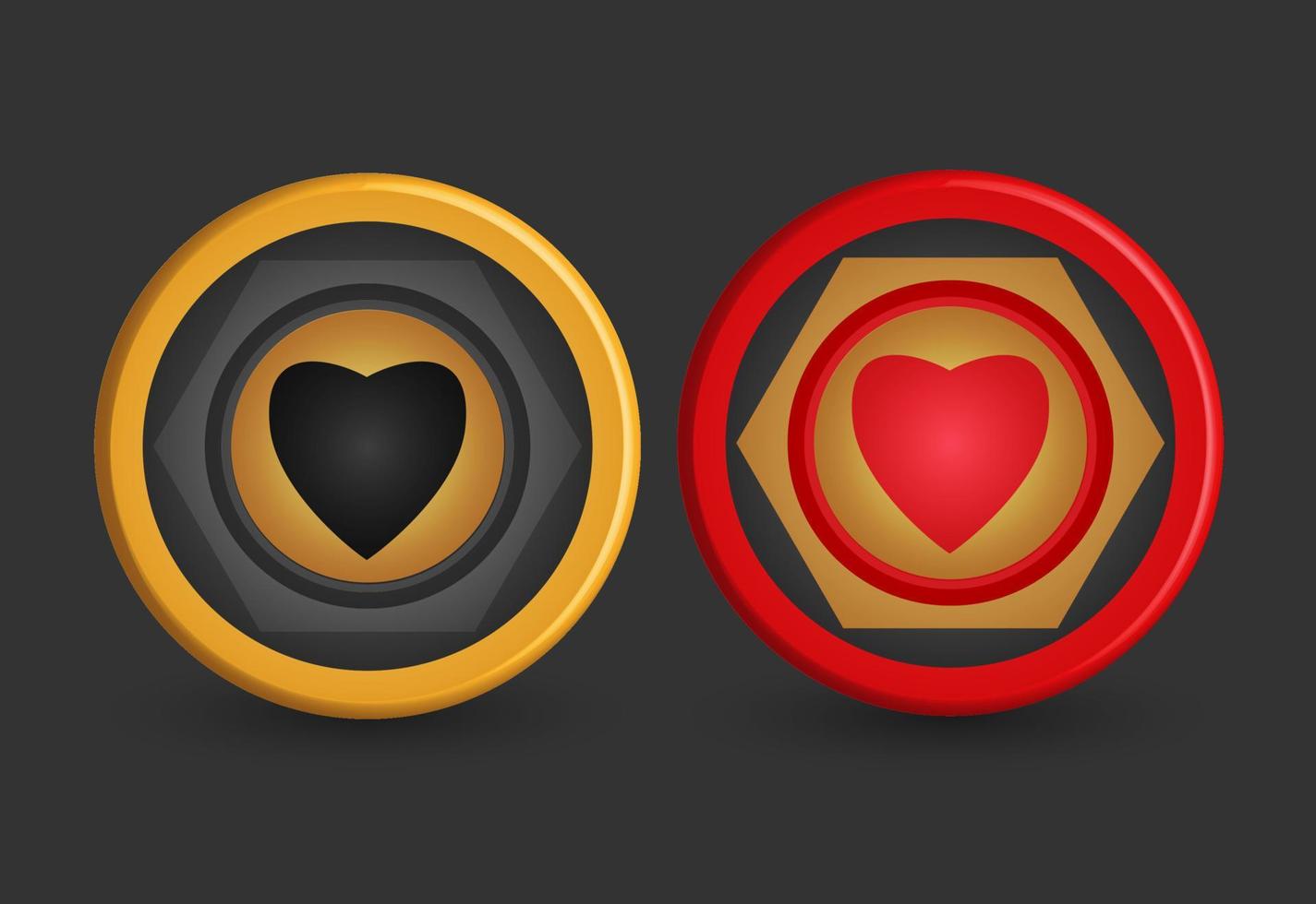 gold and red poker chips, with heart symbol, game design elements, 3d vector illustration,