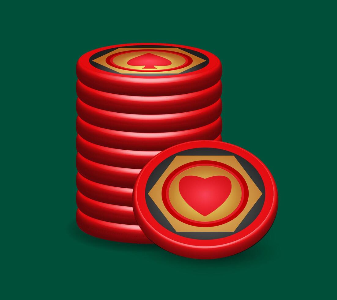 pile of red poker chips, with heart symbol, game design elements, 3d vector illustration