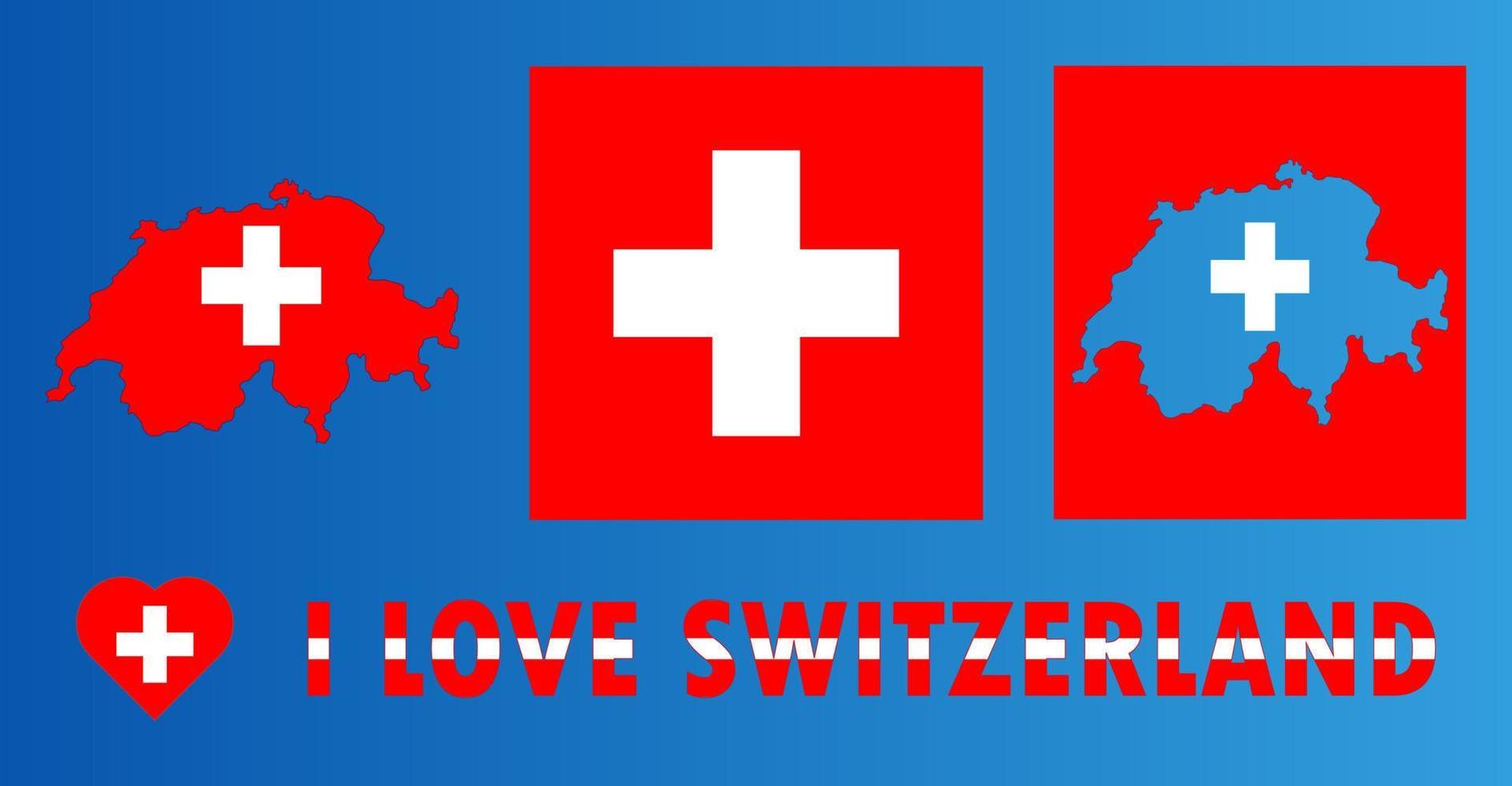 Set of vector illustrations with Switzerland flag, country outline map and heart. Travel concept.