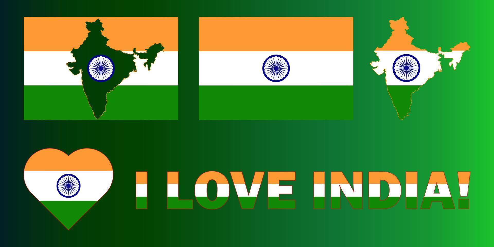 Set of vector illustrations with India flag, country outline map and heart. Travel concept.