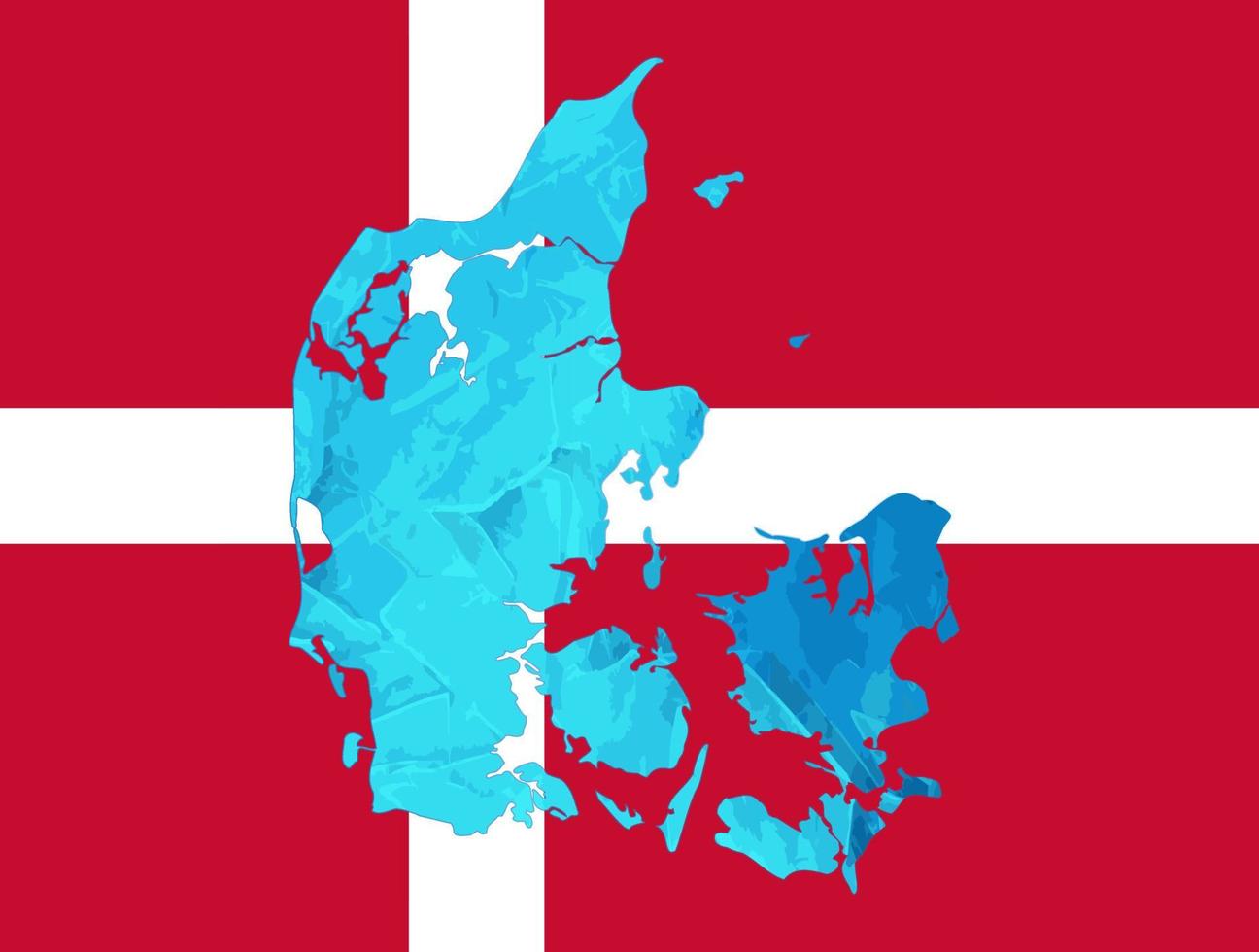 Outline map of Denmark with the image of the national flag. Ice inside the map. Collage illustration. Energy crisis. vector