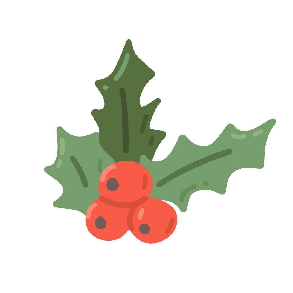 Holly with berries, Christmas plant, vector flat illustration on white background