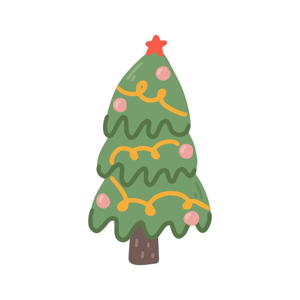 Christmas tree with decorations, vector flat illustration on white background