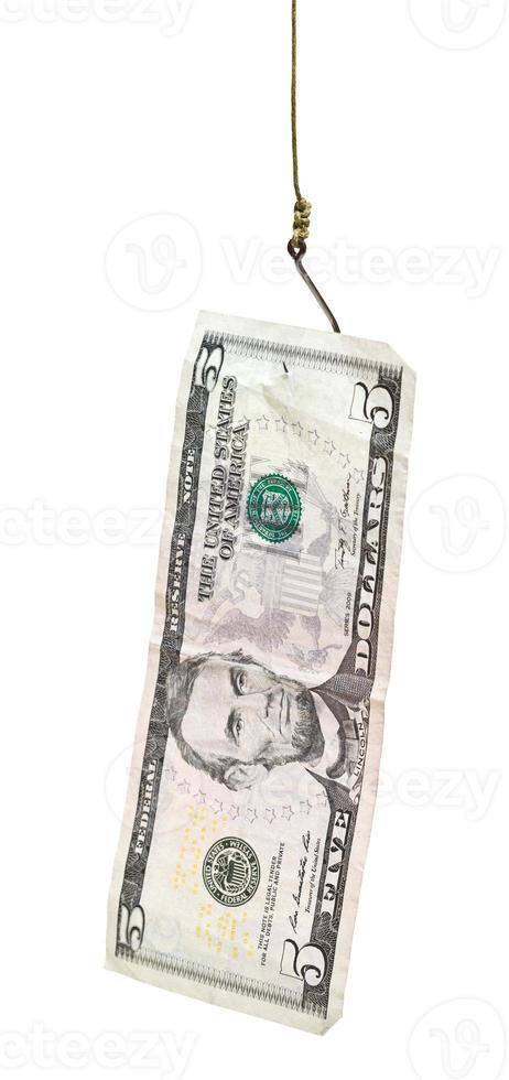 fishing with 5 dollars banknote bait on fishhook photo
