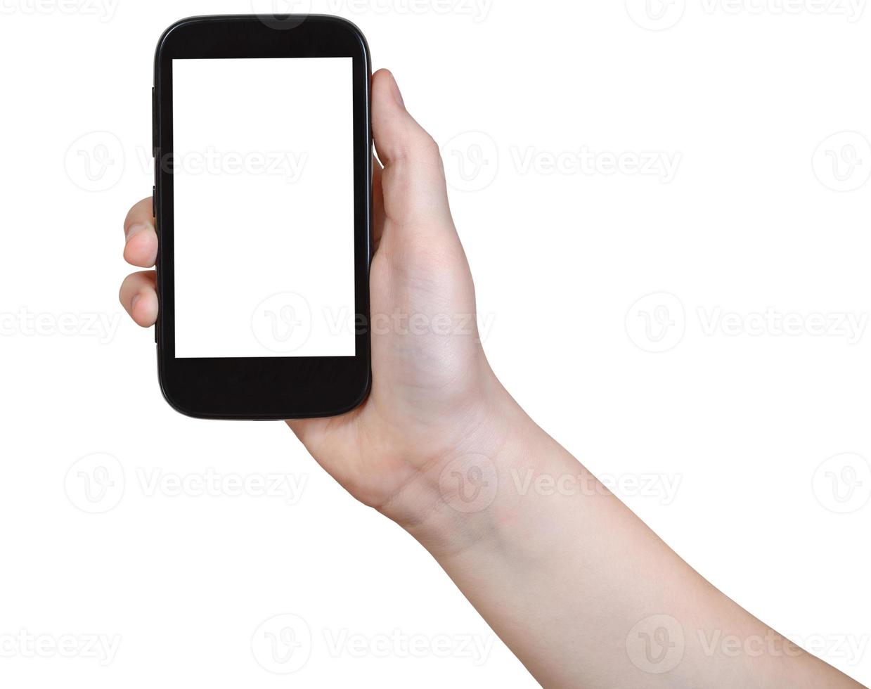 girl holds smartphone with cut out screen photo